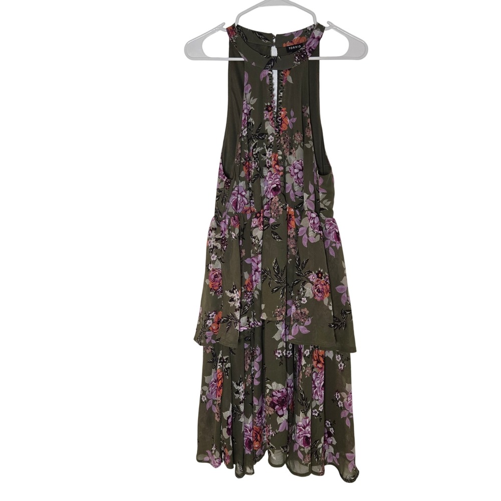Torrid Olive Green Floral Tiered Halter Dress Plus Size 00 High Neck Chiffon